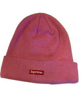 Rare Supreme/New Era Pink Snake Script Beanie with Classic Red Supreme Logo